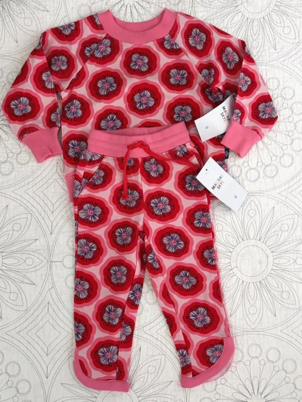 MACRAE SKYE Floral French Terry Set sz. 2 Red Poppy Print Sweatshirt & Joggers